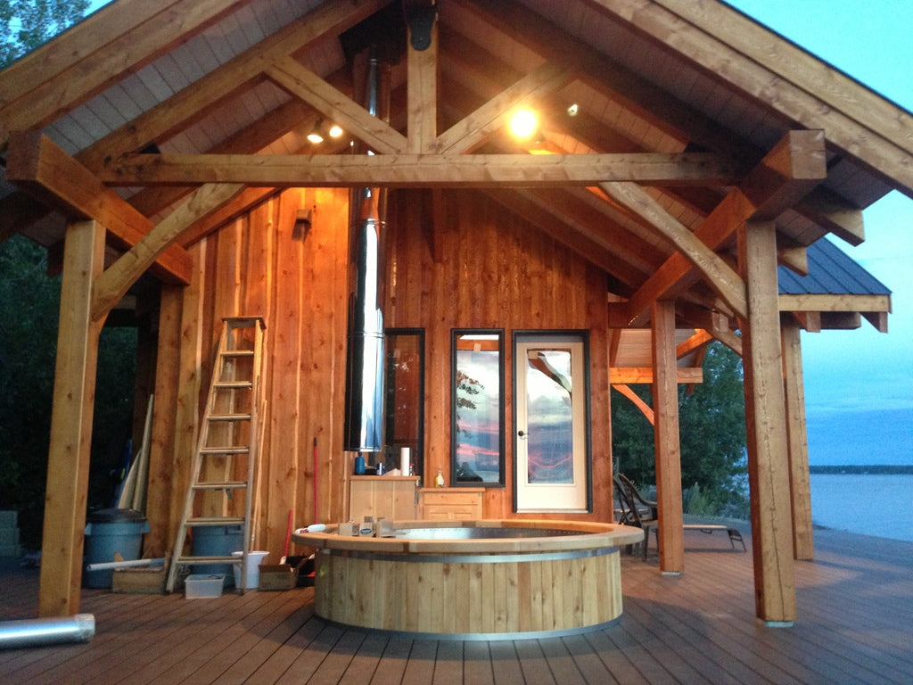 Wood fired hot tub on a deck