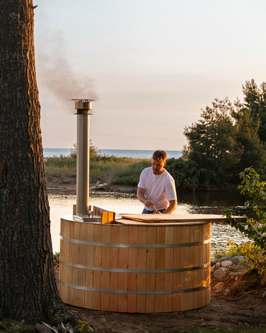 Wood fired hot tub by the lake