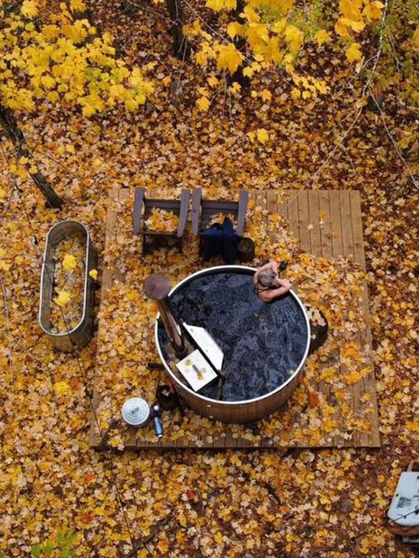Wood fired hot tub in the fall